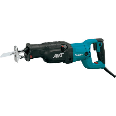 Isolated side profile of the Makita AVT reciprocating saw highlighting the industrial teal motor housing, black rubberized gear cover, and ergonomic rear handle designed for high-power demolition.