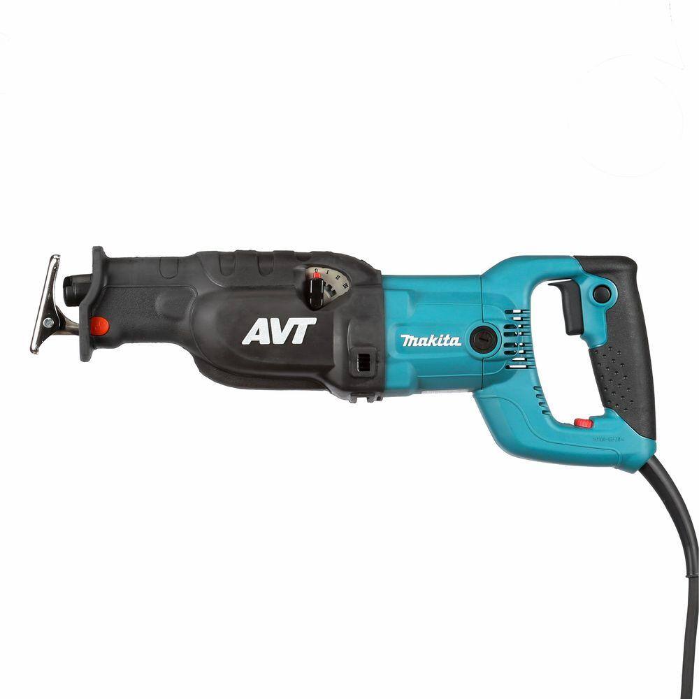 Studio profile shot of the Makita 15 AMP corded reciprocating saw showcasing the internal counterbalance system branding (AVT) and the 4-position orbital action adjustment lever for versatile cutting.