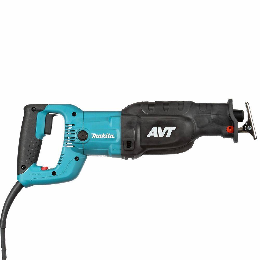 Reverse side view of the Makita orbital reciprocating saw emphasizing the durable construction and the tool-less shoe adjustment button for controlling cutting depth and blade life.