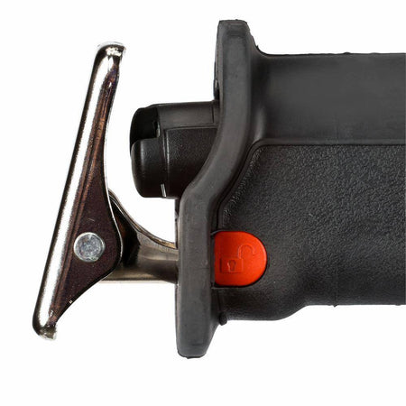Detailed close-up of the Makita reciprocating saw’s front assembly, showcasing the pivot shoe and the specialized tool-less blade change mechanism for fast, efficient accessory swaps.
