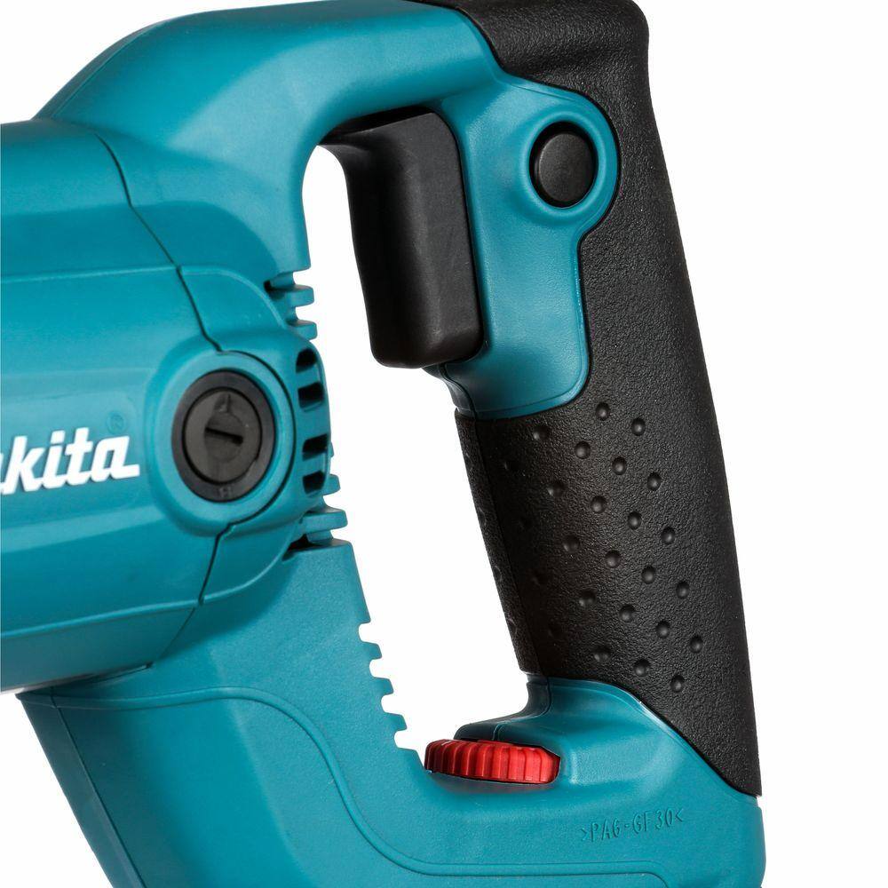 Detailed view of the Makita JR3070CT handle assembly, highlighting the large two-finger variable speed trigger, lock-on button, and the 6-stage electronic speed control dial.