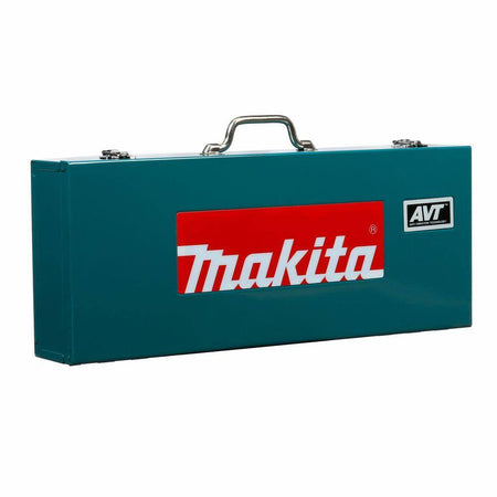 Front view of the professional Makita steel tool case featuring the AVT and Makita logos, engineered for maximum protection and jobsite transport of the reciprocating saw kit.