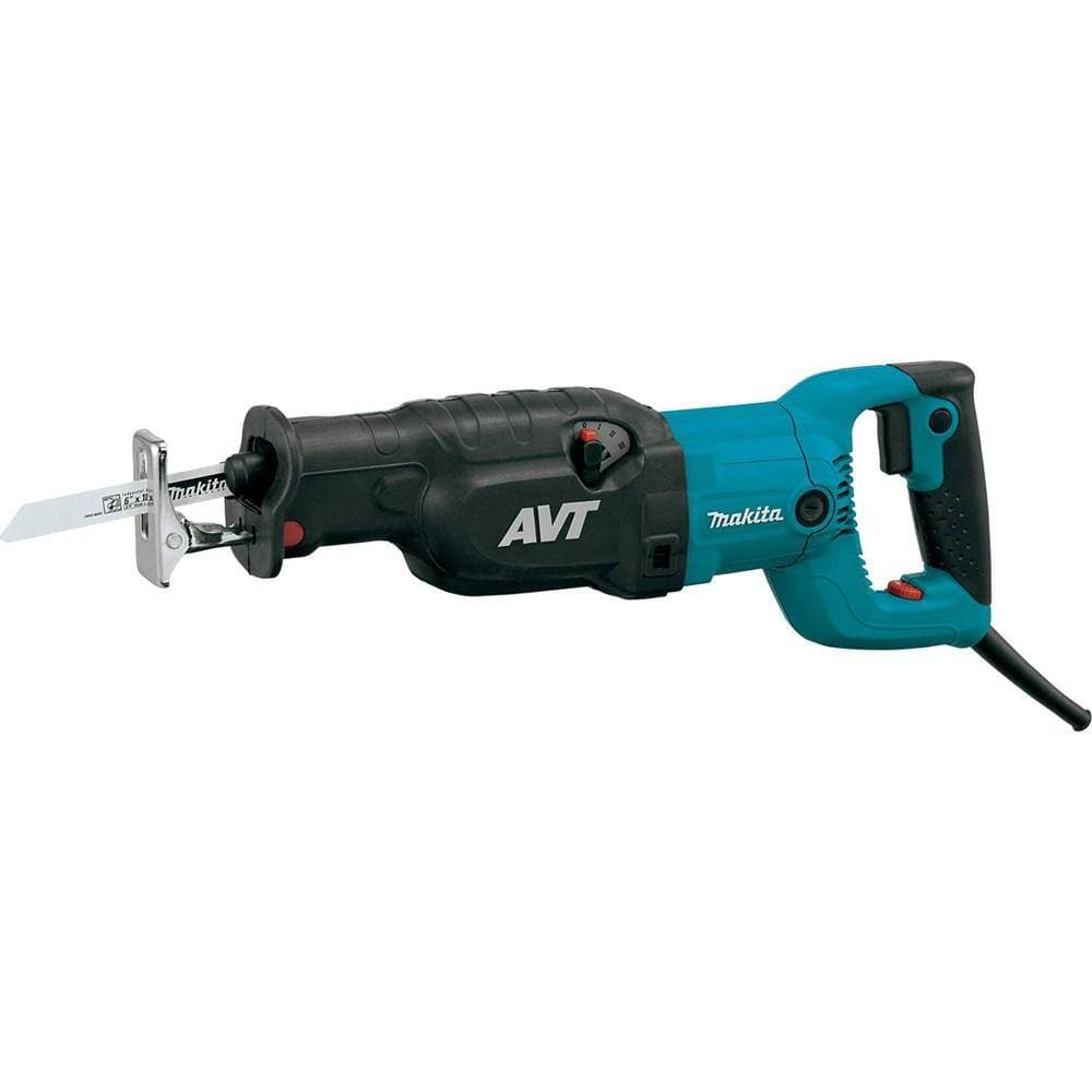 Full side profile of the Makita 15 AMP corded reciprocating saw with a bi-metal blade installed, illustrating the tool's 19-1/8 inch overall length and industrial build quality.
