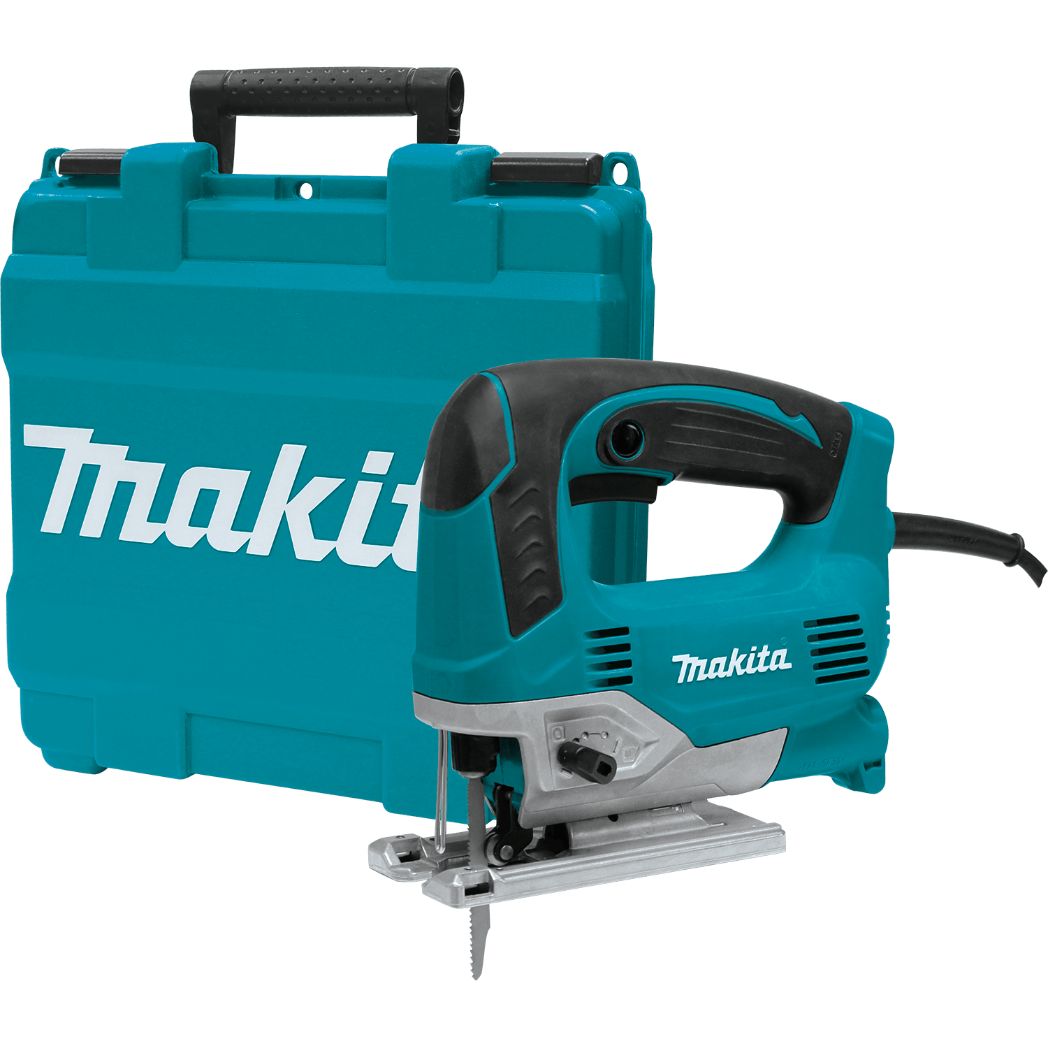 Side profile view of the Makita JV0600K top handle jig saw, showcasing the ergonomic rubberized grip and the high-torque 6.5 AMP motor housing designed for professional cabinetry and woodworking.