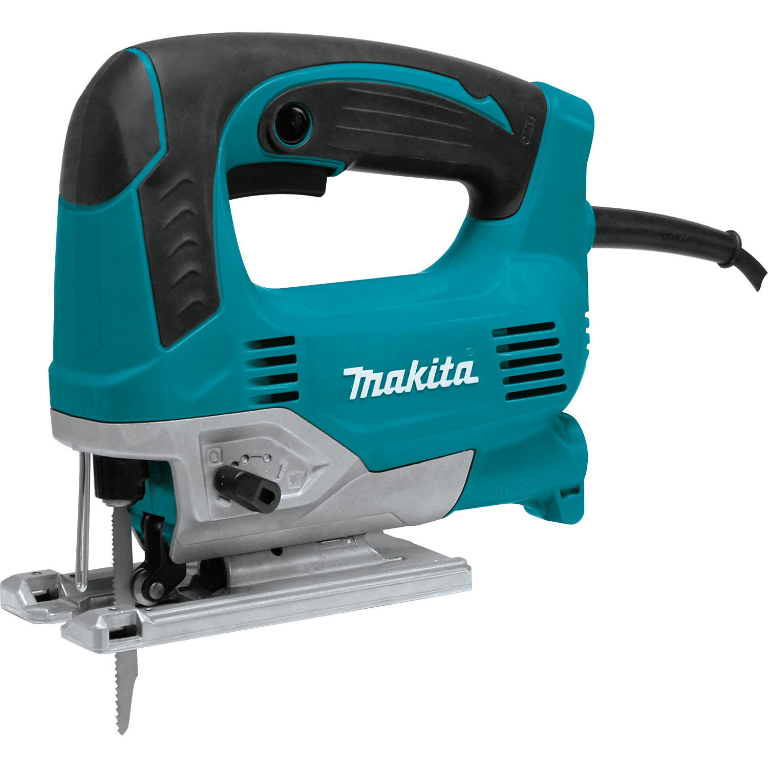 Full view of the Makita corded jig saw highlighting the durable die-cast aluminum base and the 4-stage orbital action adjustment lever for optimized cutting speed in various materials.
