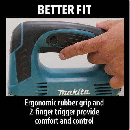 Close-up of the Makita JV0600K orbital jig saw showcasing the rear-mounted variable speed control dial, allowing for precision strokes-per-minute adjustments from 500 to 3,100 SPM.
