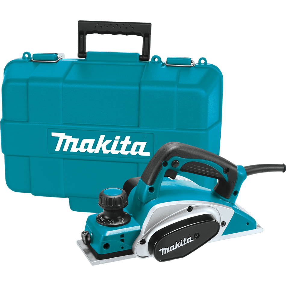 Makita KP0800K 3-1/4 inch handheld planer resting in front of its protective teal hard case.