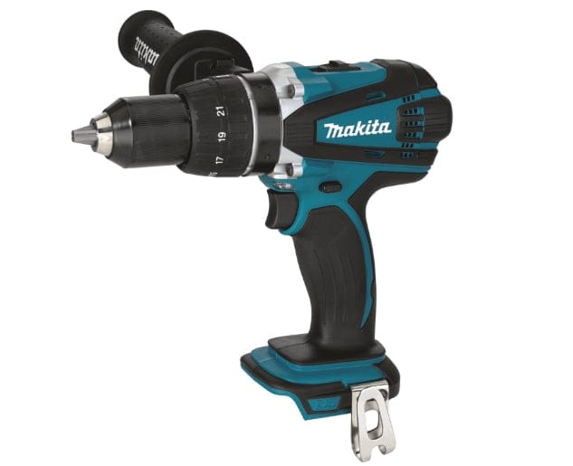 Angled studio shot of the Makita driver-drill showing the silver metal gear housing, ergonomic rubberized grip, belt hook, and attached side handle.