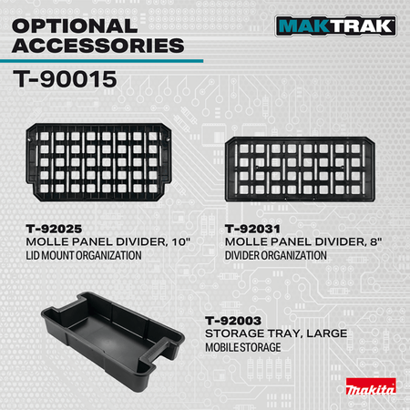 Makita MAKTRAK accessories display featuring T-92025 10-inch lid divider, T-92031 8-inch Molle divider, and T-92003 large tray.