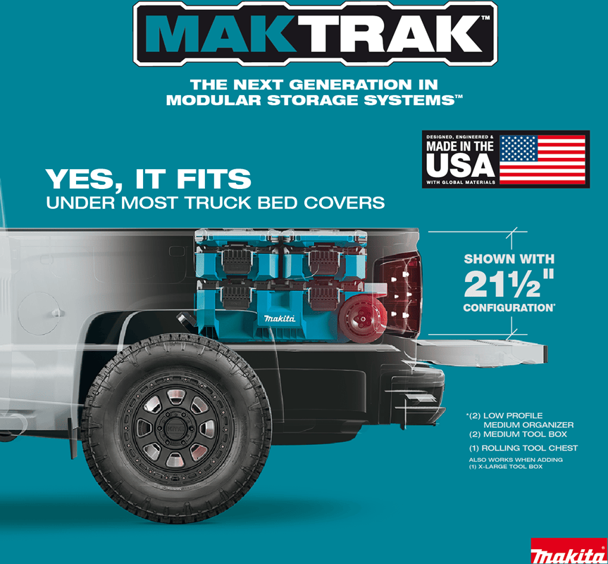 Makita MAKTRAK modular tool box stack with a 21.5-inch height profile stored flat beneath a tonneau truck bed cover.