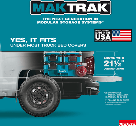 Makita MAKTRAK modular tool box stack with a 21.5-inch height profile stored flat beneath a tonneau truck bed cover.