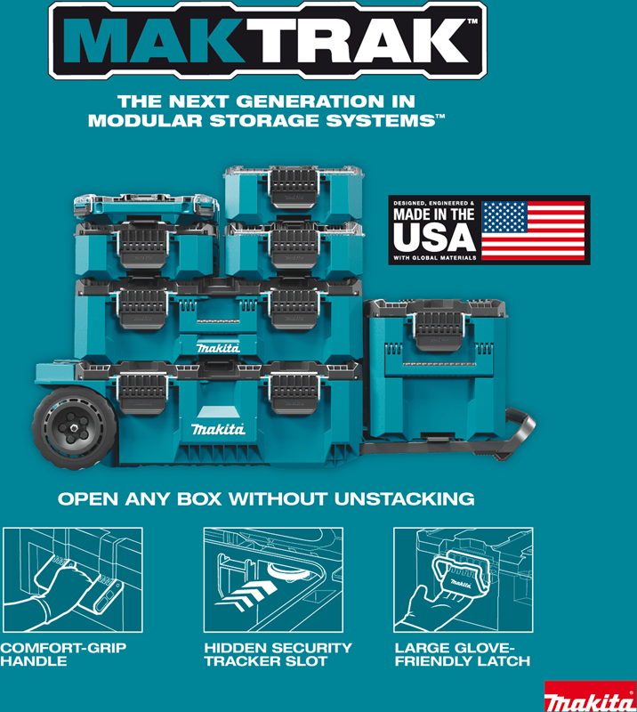 Stacked Makita MAKTRAK system highlighting unstacked side access, comfort grip handles, glove-friendly latches, and security tracker slots.