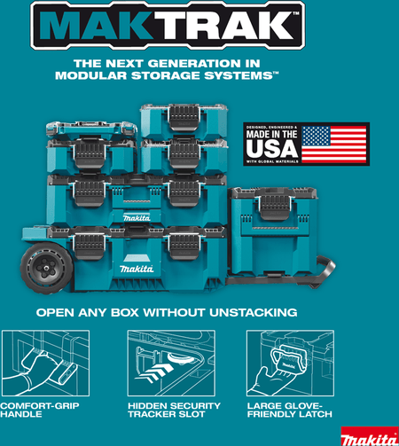 Stacked Makita MAKTRAK system highlighting unstacked side access, comfort grip handles, glove-friendly latches, and security tracker slots.