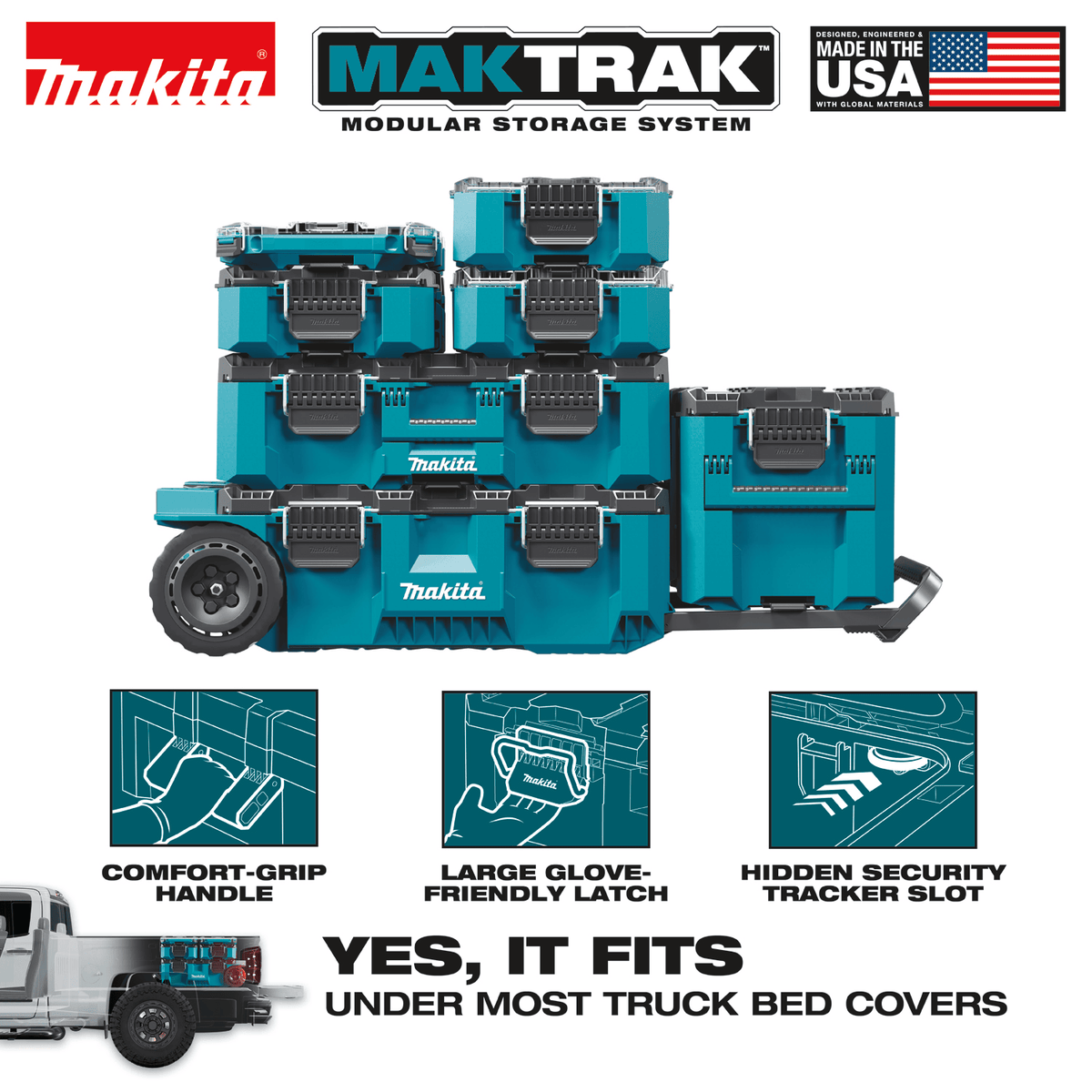Makita MAKTRAK modular stack diagram proving low-profile truck bed clearance alongside latches, handles, and hidden security slots.