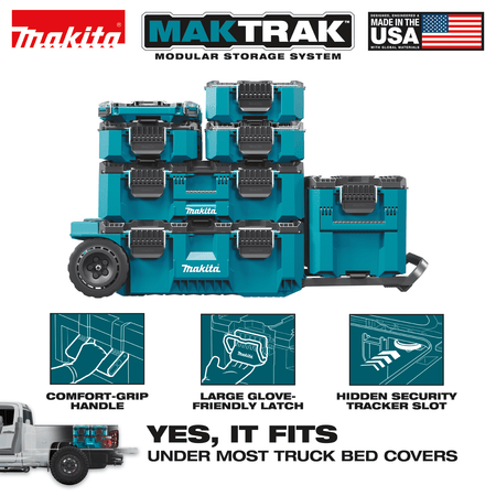 Makita MAKTRAK modular stack diagram proving low-profile truck bed clearance alongside latches, handles, and hidden security slots.