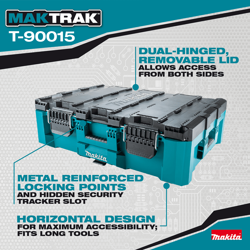 Makita MAKTRAK T-90015 large tool box highlighting its dual-hinged removable lid, metal-reinforced lock points, and horizontal layout.