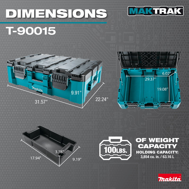 Dimension graphic for Makita T-90015 measuring 31.57 by 22.24 by 9.91 inches with 3,854 cu in volume and 100 lb capacity.