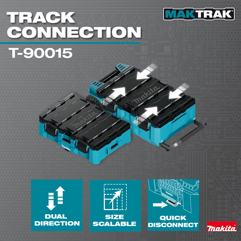 Makita MAKTRAK track connection diagram demonstrating dual-direction stacking, size scalability, and quick-disconnect latching.