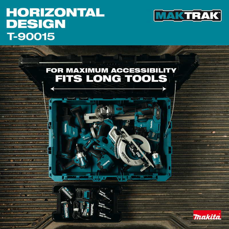 Top-down view of open Makita T-90015 box storing long cordless power tools, circular saws, and an organized battery charging tray.