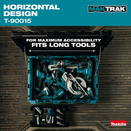 Top-down view of open Makita T-90015 box storing long cordless power tools, circular saws, and an organized battery charging tray.