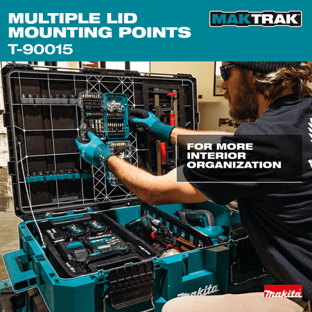 Trade worker mounting accessory bit sets and socket rails directly onto the interior lid mounting grid of the Makita T-90015.