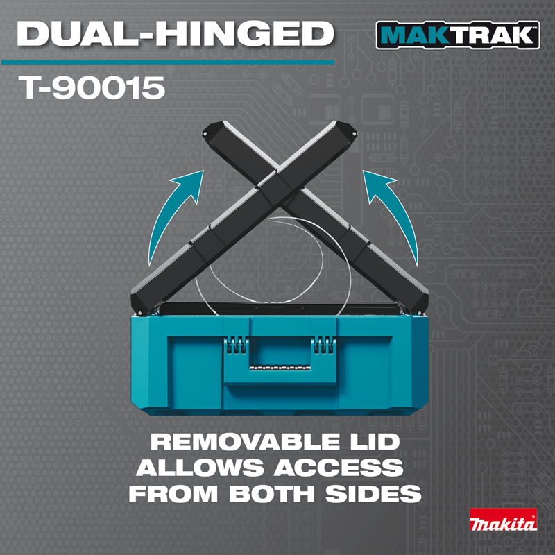 Diagram demonstrating how the dual-hinged lid of the Makita T-90015 opens from both sides or detaches completely for unstacked access.