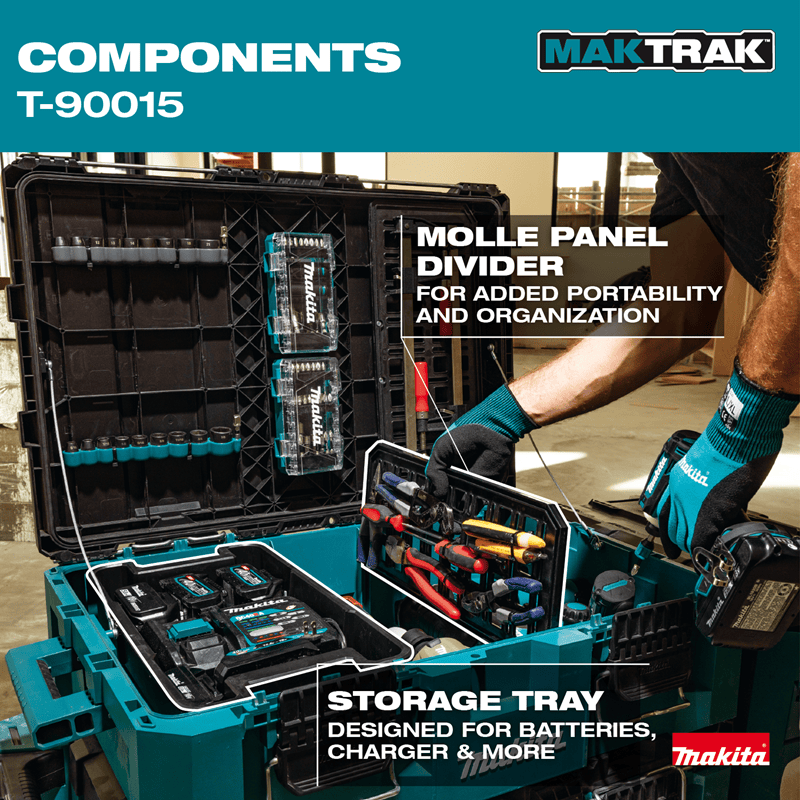 Worker placing an 8-inch Molle panel divider and battery storage tray inside the open Makita T-90015 modular tool box.