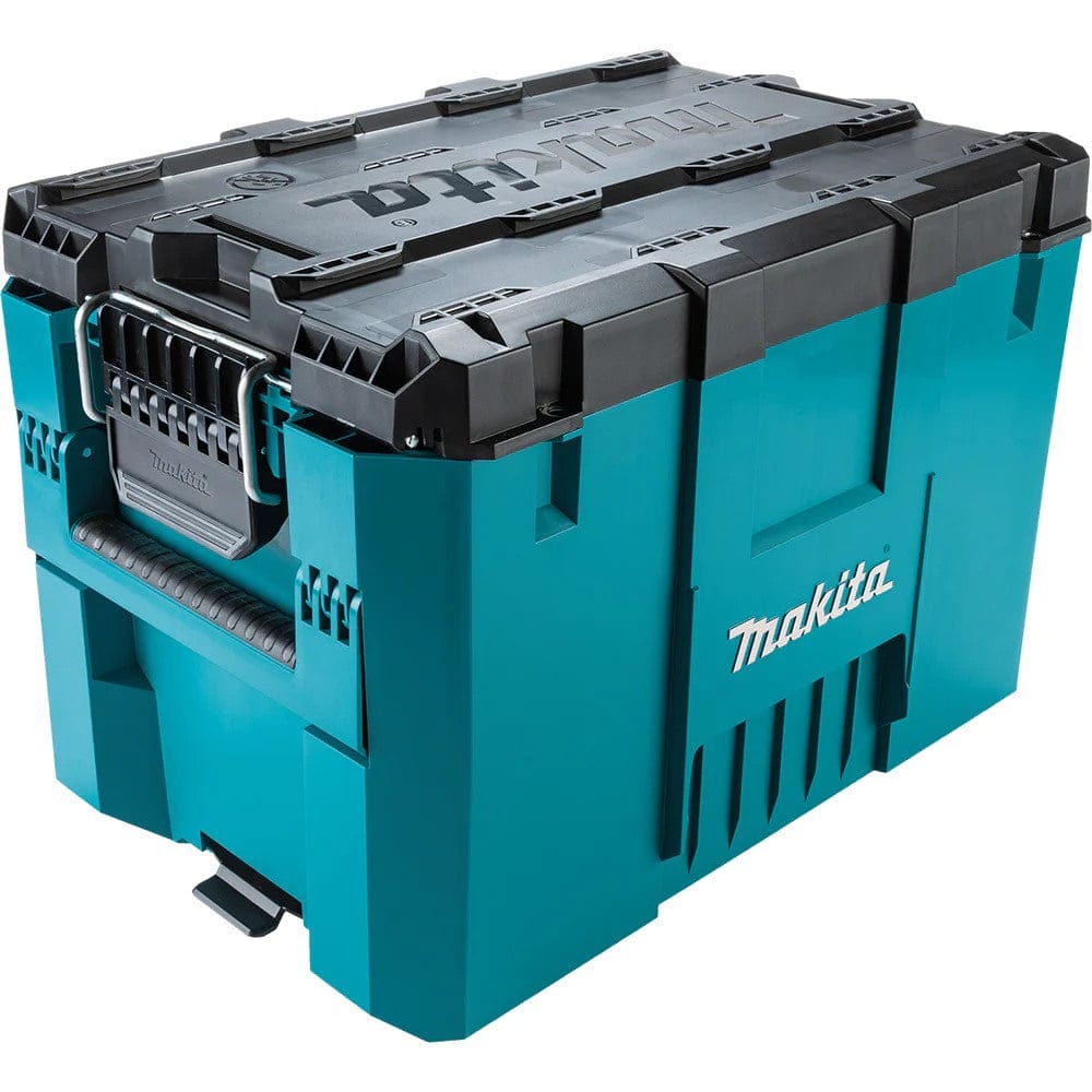 A professional Makita MAKTRAK T-90021 large tool box shown from an angled perspective, featuring a durable teal impact-resistant copolymer body, a heavy-duty black lid, and large glove-friendly latches for secure industrial modular storage.