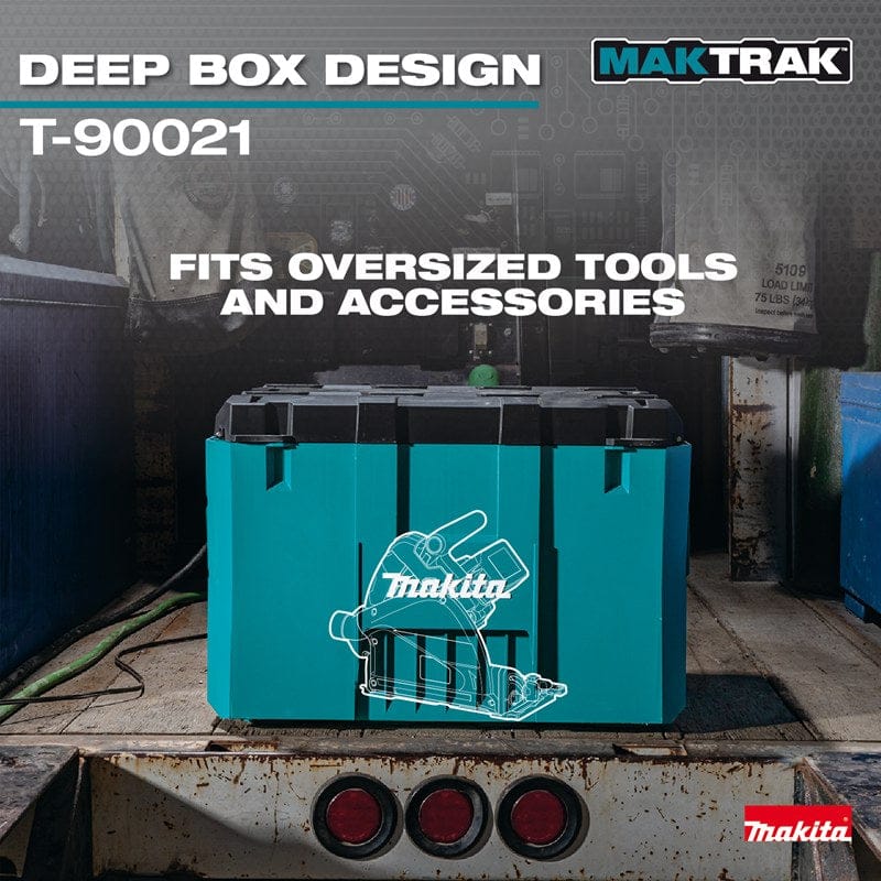 An application shot of the Makita T-90021 large tool box on an industrial jobsite, with a graphic overlay demonstrating that the deep box design is specifically sized to fit oversized tools like circular saws.