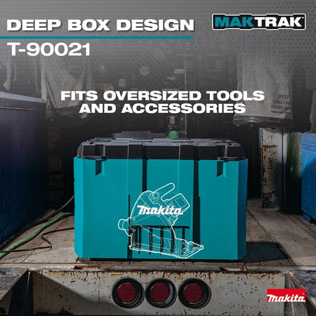 An application shot of the Makita T-90021 large tool box on an industrial jobsite, with a graphic overlay demonstrating that the deep box design is specifically sized to fit oversized tools like circular saws.