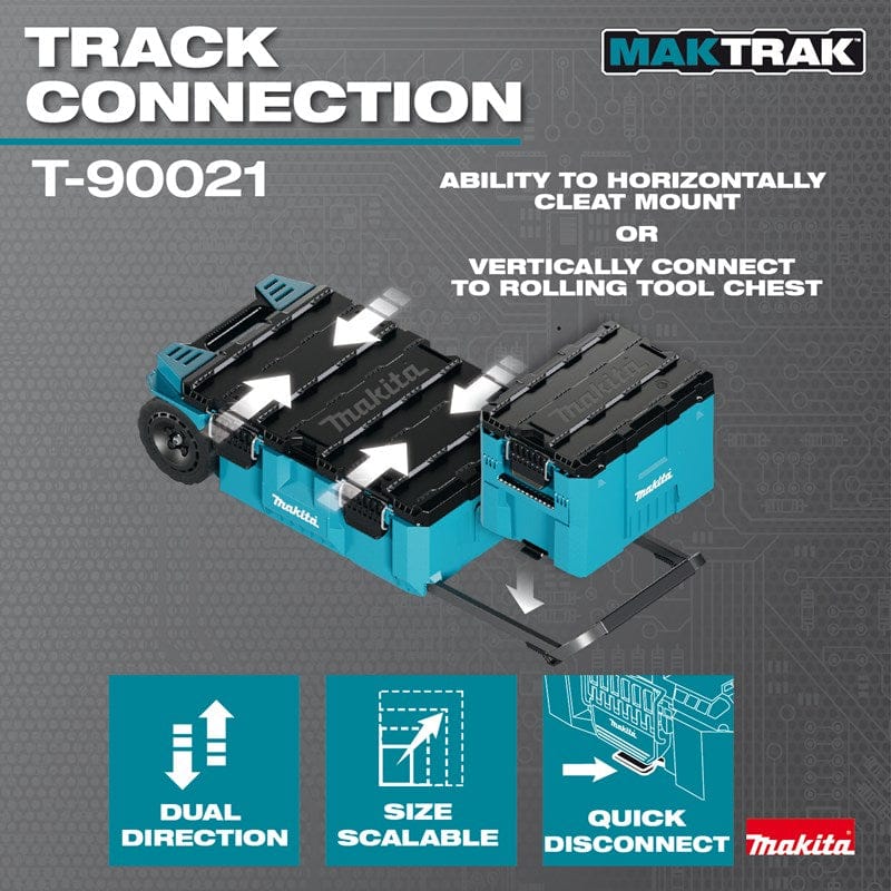 Infographic demonstrating the MAKTRAK track connection system, highlighting the ability to horizontally cleat mount or vertically connect to a rolling tool chest for the T-90021 modular units.