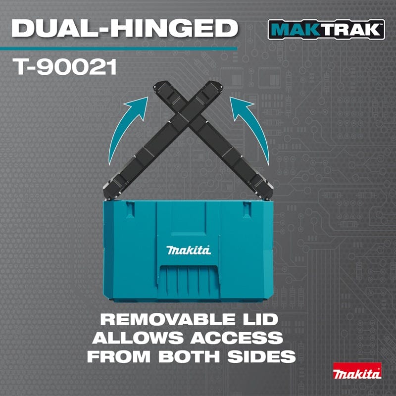 Marketing graphic illustrating the dual-hinged removable lid feature of the T-90021, which allows for convenient access from both sides of the tool box.