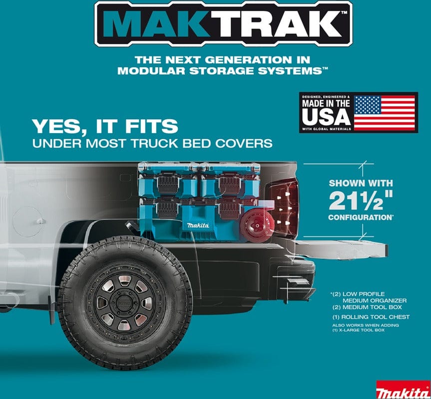 Marketing graphic showing the MAKTRAK modular storage system stacked in the back of a truck, demonstrating that the configuration fits under most truck bed covers.
