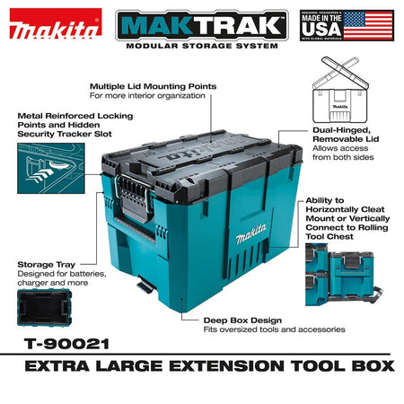 Product infographic for the Makita MAKTRAK T-90021 large tool box highlighting key features: metal-reinforced locking points with a hidden security tracker slot, multiple lid mounting points for organization, a dual-hinged removable lid for two-sided access, an internal storage tray, and a deep box design for oversized tools.