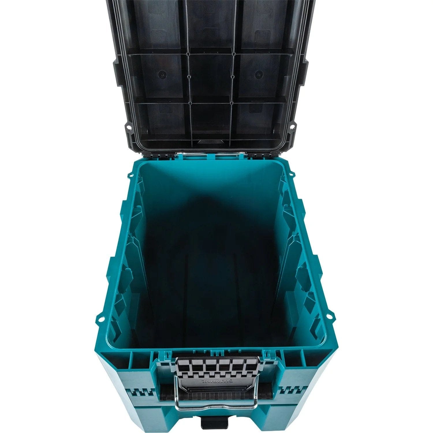 An interior view of the open Makita MAKTRAK large tool box with the dual-hinged lid fully retracted, illustrating the deep box design optimized for oversized equipment and accessories.