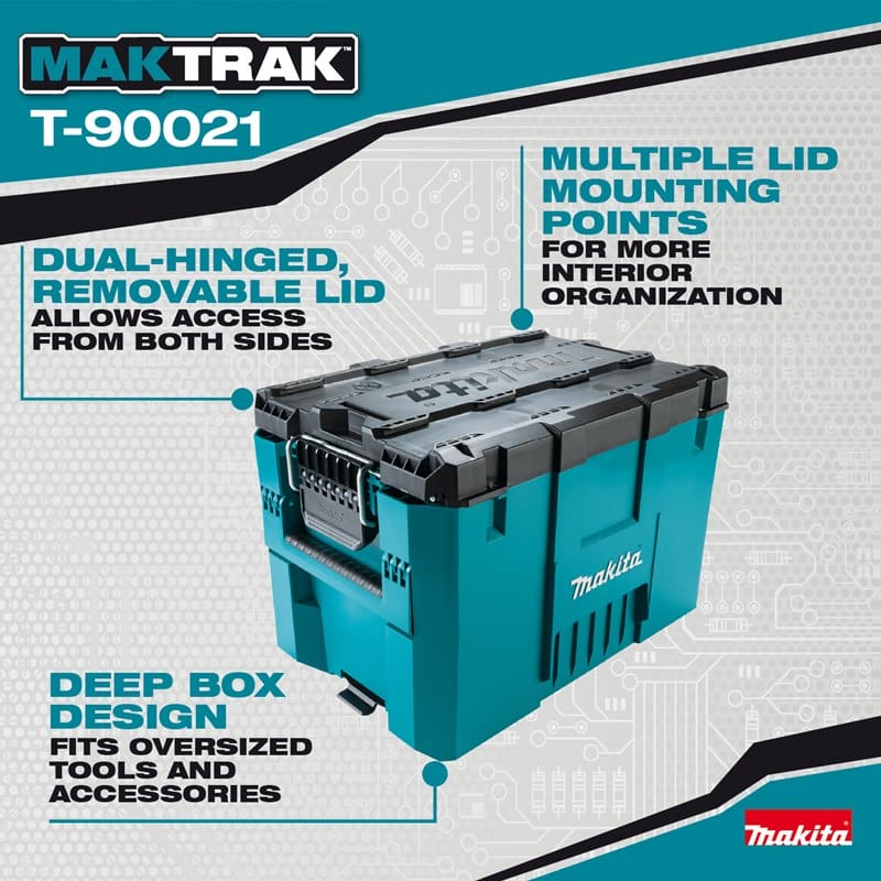 A marketing infographic for the T-90021 model highlighting the dual-hinged removable lid that allows access from both sides and the deep box design that fits oversized professional tools.