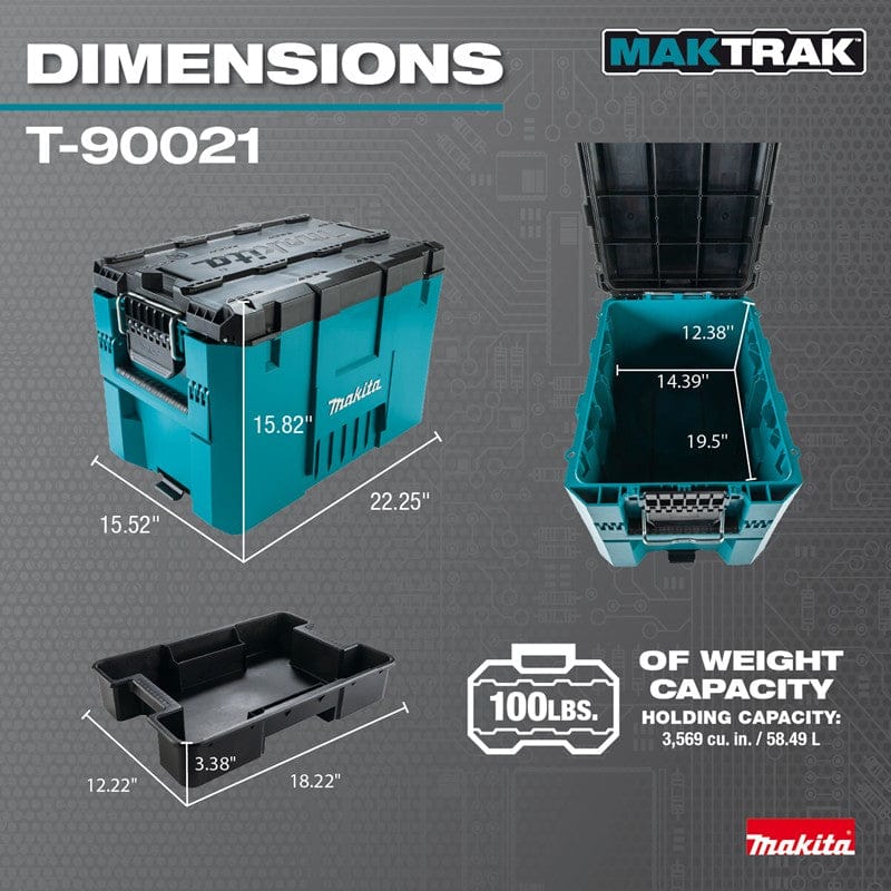 A dimensions infographic for the Makita T-90021 large tool box showing external measurements of 22.25 x 15.52 x 15.82 inches, an internal capacity of 3,569 cu in, and a 100 lb weight limit.