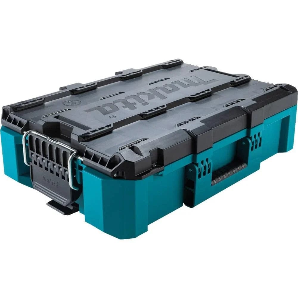 A professional Makita MAKTRAK T-90037 medium tool box shown from an angled perspective, featuring a durable teal impact-resistant copolymer body, a heavy-duty black lid, and large glove-friendly latches for secure industrial storage.
