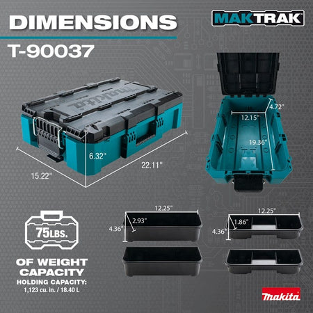 A dimensions infographic for the Makita T-90037 medium tool box showing external measurements of 22.11 x 15.22 x 6.32 inches, an internal capacity of 1,123 cu in, and a 75 lb weight limit.