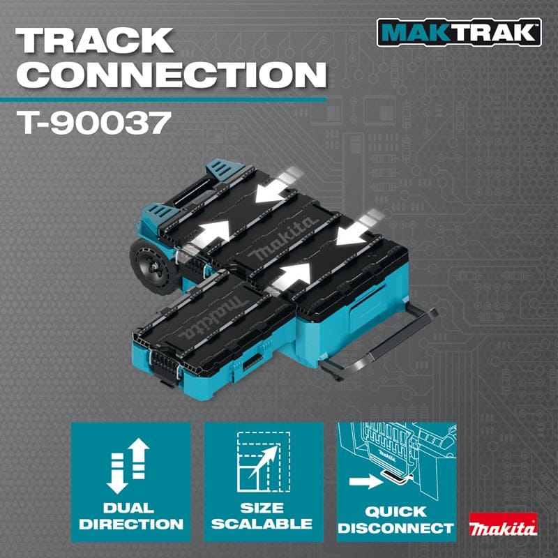 Infographic demonstrating the MAKTRAK track connection system, highlighting dual-direction stacking, size scalability, and the quick-disconnect feature for the T-90037 modular storage units.