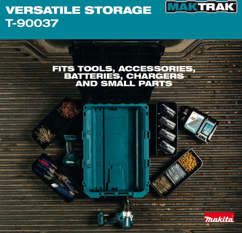 Top-down view of the open Makita MAKTRAK T-90037 tool box on a jobsite surface, surrounded by removable trays filled with power drills, batteries, chargers, and small fasteners to show versatile storage capabilities.