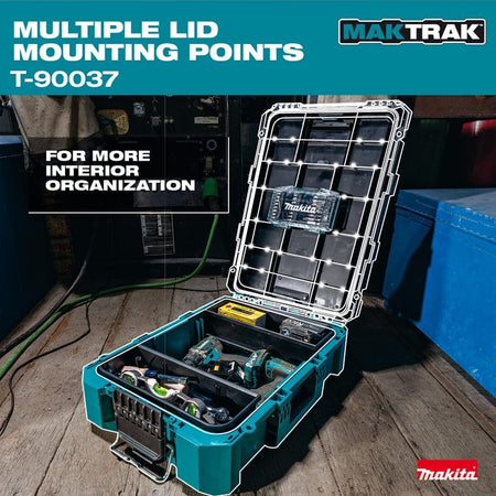 Application shot of the Makita T-90037 tool box on an industrial jobsite, showing the open lid with highlighted mounting points and the interior tray containing power tools and layout equipment.
