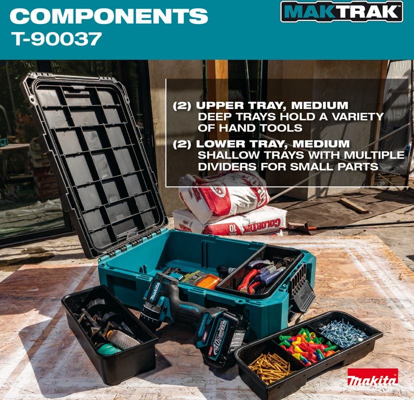 Components infographic for the T-90037 model listing two upper deep trays for hand tools and two lower shallow trays with multiple dividers for efficient small part organization.