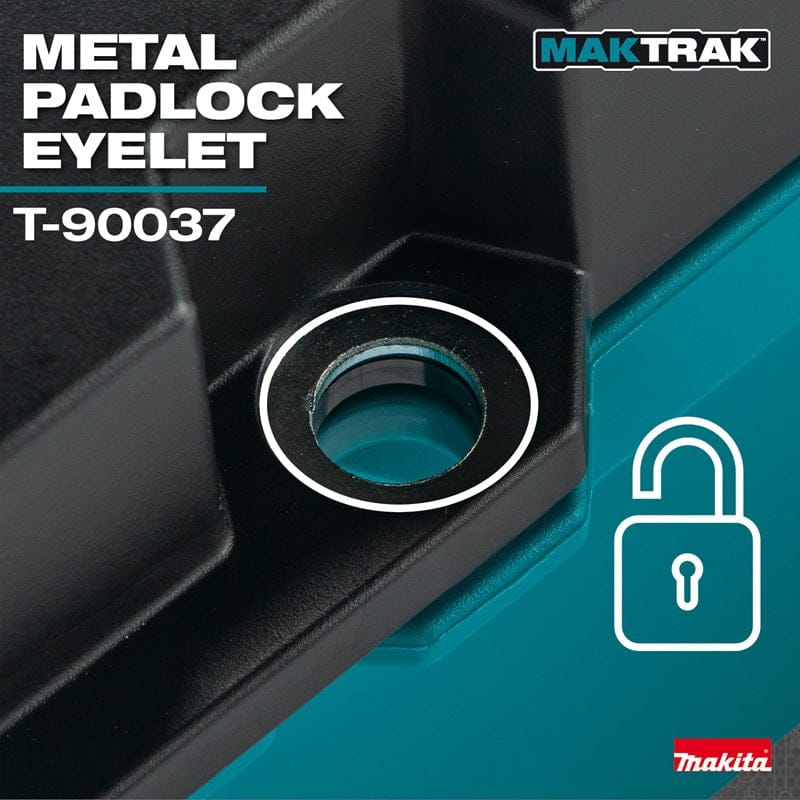 Close-up detail of the metal-reinforced padlock eyelet on the Makita MAKTRAK T-90037 tool box, emphasizing the industrial-grade security features of the modular case.