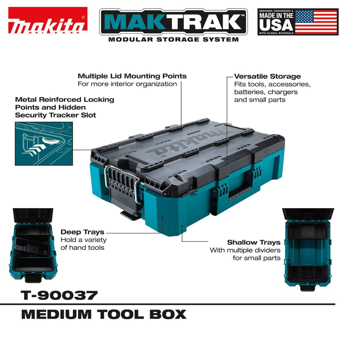 Product infographic for the Makita MAKTRAK medium tool box highlighting key features: metal-reinforced locking points with a hidden security tracker slot, multiple lid mounting points for interior organization, deep trays for hand tools, and shallow trays with dividers for small parts.