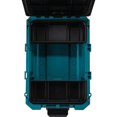 An interior view of the open Makita medium tool box with the deep and shallow trays installed, illustrating the efficient organization of the MAKTRAK modular storage solution.