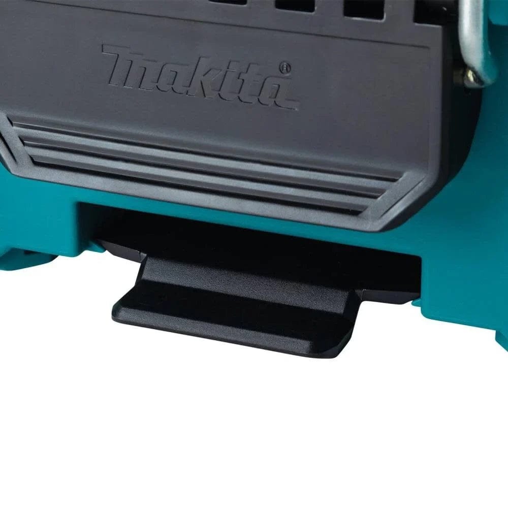 A detailed view of the large, black glove-friendly latch and the heavy-duty metal-reinforced locking bar on the front of the Makita T-90037 medium modular tool box.