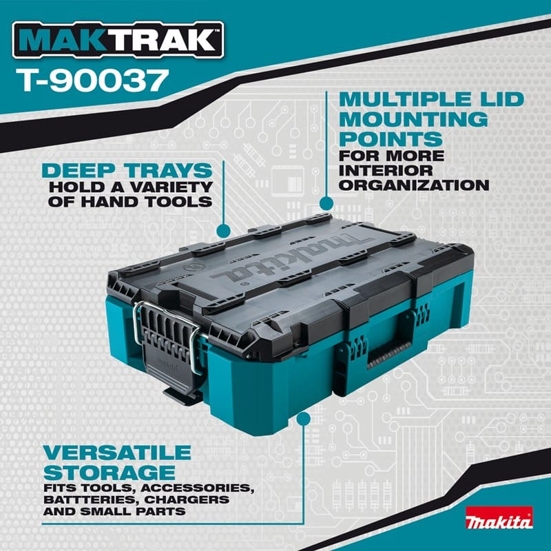 Feature graphic for the Makita MAKTRAK T-90037 tool box emphasizing versatile storage for tools and accessories, deep trays for hand tools, and multiple lid mounting points for customized interior organization.