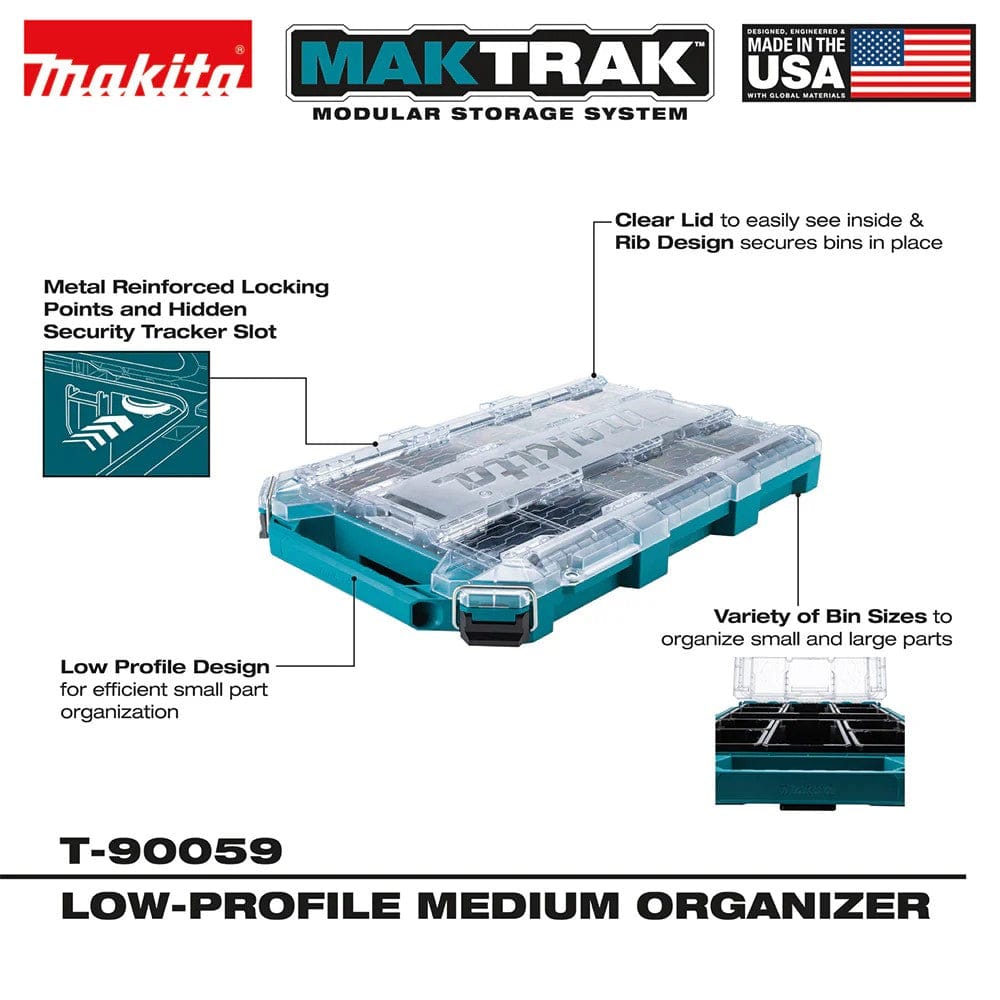 Infographic highlighting the professional features of the Makita MAKTRAK modular organizer, including metal-reinforced locking points, a hidden security tracker slot, a clear lid with a rib design to secure bins, and a low-profile construction for small part organization.