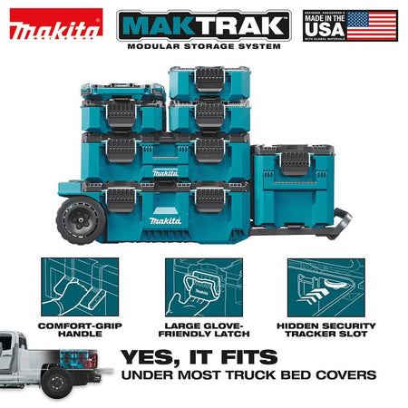 Marketing graphic demonstrating the MAKTRAK modular storage system compatibility, showcasing stacked teal tool boxes and organizers in a truck bed while highlighting the large glove-friendly latches and comfort-grip handle.